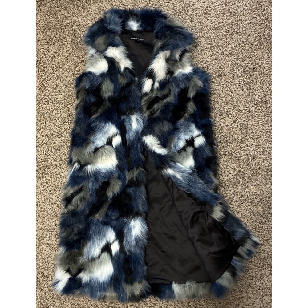Boston Proper Blue Multicolor Faux Fur Long Vest Women's XS